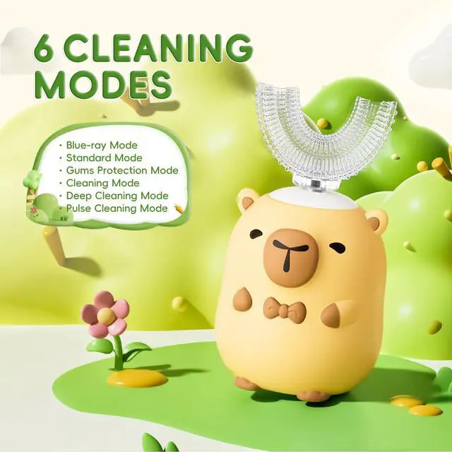 Alt view image 4 of 6 - Kids Electric Toothbrush U Shaped - Cartoon Capybara with 6 Brush Heads Full Mouth Degree Cleaning Sonic Toddler Automatic Toothbrush with IPX7 Waterproof (Capybara 2-14 Years)