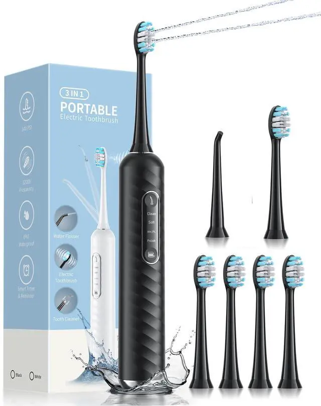 Main image of Electric Toothbrush with Water Flosser - 2 in 1 Teeth Cleaning Kit, Electric Toothbrush and flosser Combo, Toothbrush with 3 Cleaning Modes, Portable Water flosser Design for Home & Travel (Black)