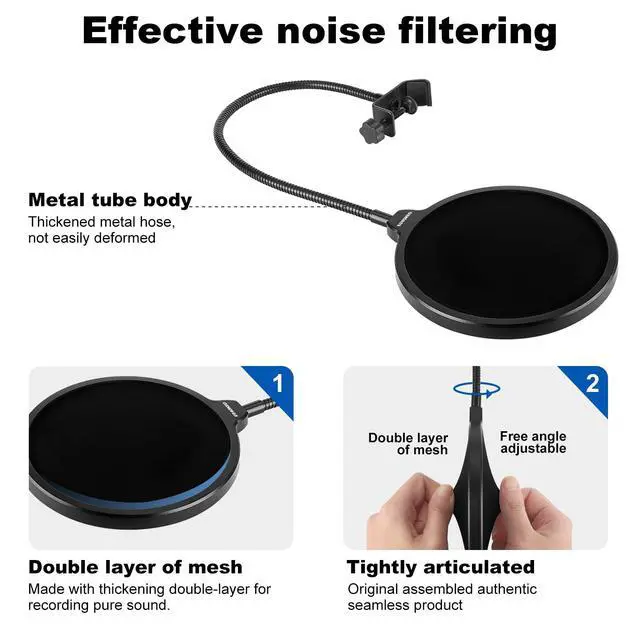 Alt view image 4 of 6 - Professional Microphone Pop Filter Mask Shield For Blue Yeti and Any Other Microphone,Mic Dual Layered Wind Pop Screen With Flexible 360° Gooseneck Clip Stabilizing Arm