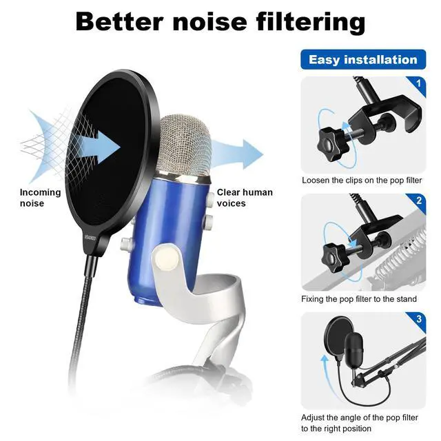 Alt view image 3 of 6 - Professional Microphone Pop Filter Mask Shield For Blue Yeti and Any Other Microphone,Mic Dual Layered Wind Pop Screen With Flexible 360° Gooseneck Clip Stabilizing Arm