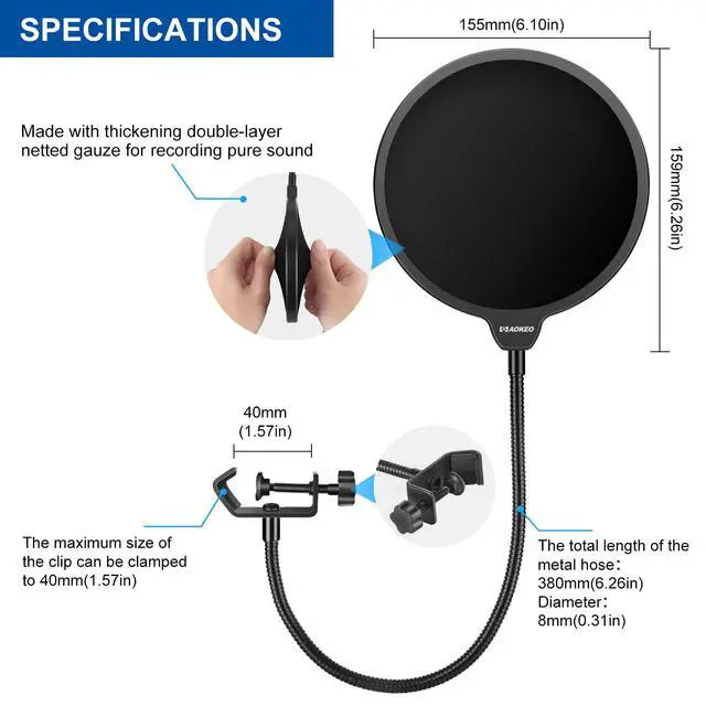 Alt view image 6 of 6 - Professional Microphone Pop Filter Mask Shield For Blue Yeti and Any Other Microphone,Mic Dual Layered Wind Pop Screen With Flexible 360° Gooseneck Clip Stabilizing Arm