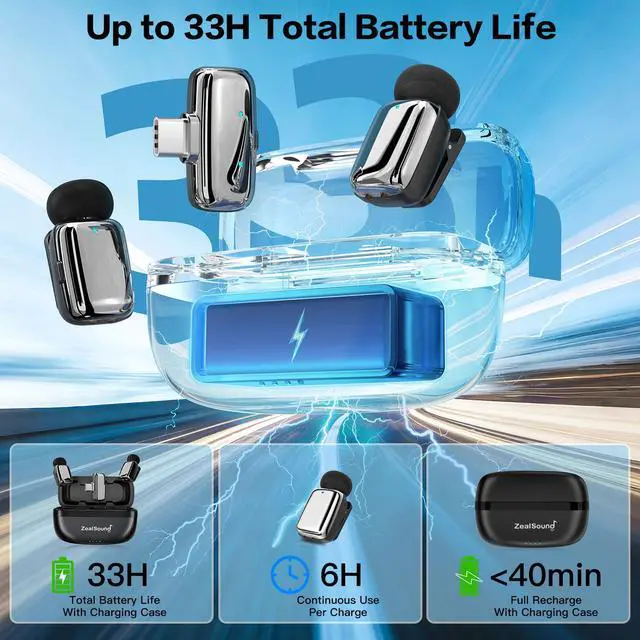 Alt view image 5 of 7 - Mini Microphone, Wireless Lavalier Mic for iPhone/iPad/Android, USB-C/Lightning, Noise Reduction, 33H Battery with Charging Case for Content Creators, TikTok & YouTube Videos - Chrome Silver