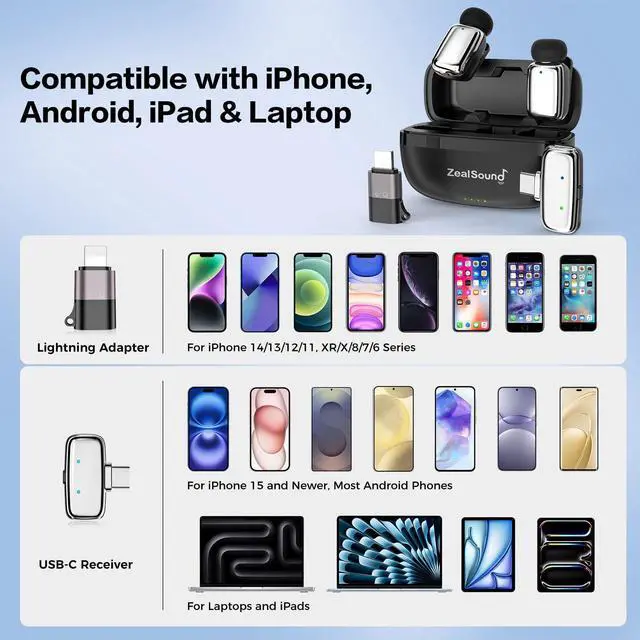 Alt view image 7 of 7 - Mini Microphone, Wireless Lavalier Mic for iPhone/iPad/Android, USB-C/Lightning, Noise Reduction, 33H Battery with Charging Case for Content Creators, TikTok & YouTube Videos - Chrome Silver