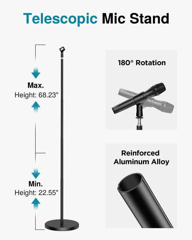 Alt view image 6 of 7 - Telescopic Mic Stand, Height Adjustable from 22" to 68" Microphone Stand Floor Weighted Base Boom Mic Arm Stand for Blue Yeti HyperX QuadCast SoloCast Shure SM58 Samson Q2U Fifine K669B