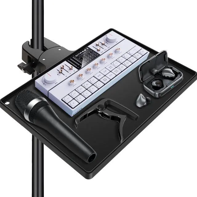 Main image of Microphone Stand Tray with Crab Clamp, 10.6" x 7.8" Large Tray Shelf Attachment Clamp on Studio Music Floor Stands for Storage