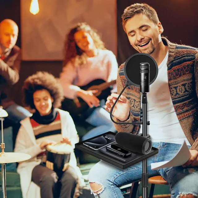 Alt view image 5 of 7 - Microphone Stand Tray with Crab Clamp, 10.6" x 7.8" Large Tray Shelf Attachment Clamp on Studio Music Floor Stands for Storage