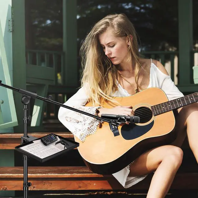 Alt view image 6 of 7 - Microphone Stand Tray with Crab Clamp, 10.6" x 7.8" Large Tray Shelf Attachment Clamp on Studio Music Floor Stands for Storage