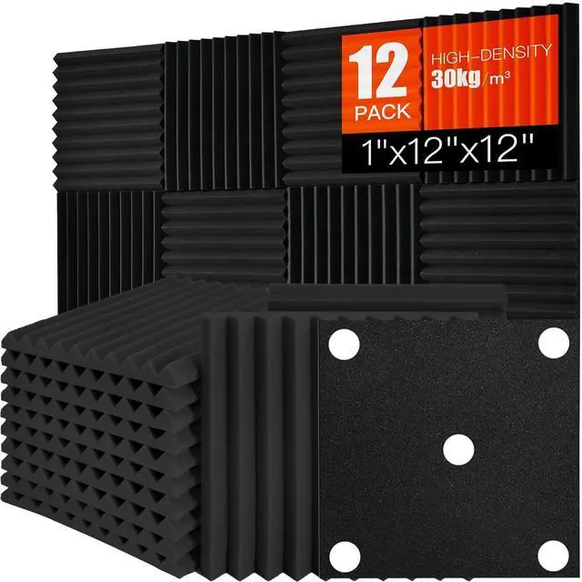 Main image of Acoustic Foam Panels Sound Absorbing 12 Pack - 1" X 12"X 12" Sound Proof Panels Noise Reducing for Walls, High Density Sound Deadening Panels Black Wedge for Studio Recording & Office & Home
