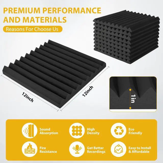 Alt view image 2 of 7 - Acoustic Foam Panels Sound Absorbing 12 Pack - 1" X 12"X 12" Sound Proof Panels Noise Reducing for Walls, High Density Sound Deadening Panels Black Wedge for Studio Recording & Office & Home