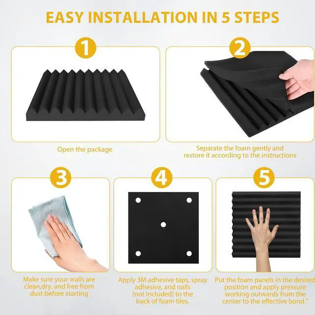 Alt view image 7 of 7 - Acoustic Foam Panels Sound Absorbing 12 Pack - 1" X 12"X 12" Sound Proof Panels Noise Reducing for Walls, High Density Sound Deadening Panels Black Wedge for Studio Recording & Office & Home