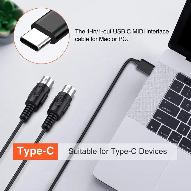 Alt view image 2 of 7 - MIDI Cable, MIDI to USB C, Type-C MIDI Interface with Input & Output Connecting Keyboard/Synthesizer for Editing Recording Professional Cord Windows/Mac Studio -6.5Ft, Black