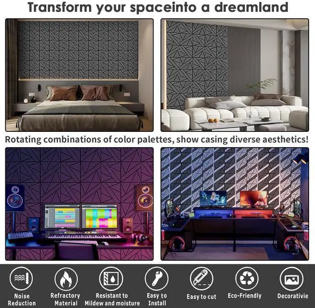 Alt view image 4 of 7 - 8 Pack Self-Adhesive Soundproof Wall Panels, 12 x 12 x 0.47 in Sound Proof Foam Panels for Walls, 1.2lb/ft³ High Density, Thicker 0.47in, Acoustic Panel, Peel and Stick Wall Panel Studio Black