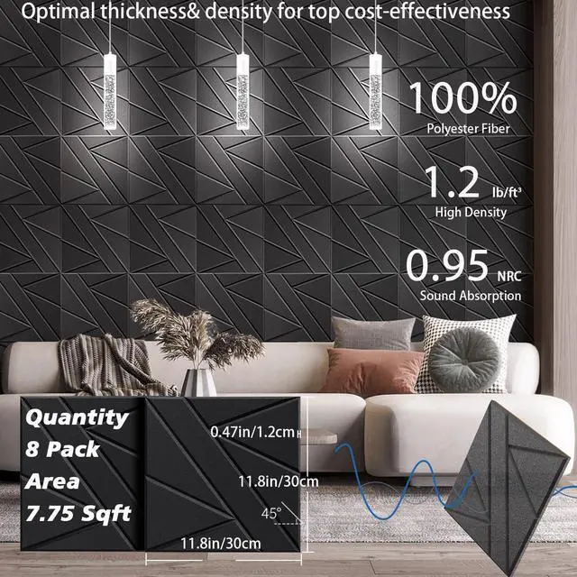 Alt view image 6 of 7 - 8 Pack Self-Adhesive Soundproof Wall Panels, 12 x 12 x 0.47 in Sound Proof Foam Panels for Walls, 1.2lb/ft³ High Density, Thicker 0.47in, Acoustic Panel, Peel and Stick Wall Panel Studio Black