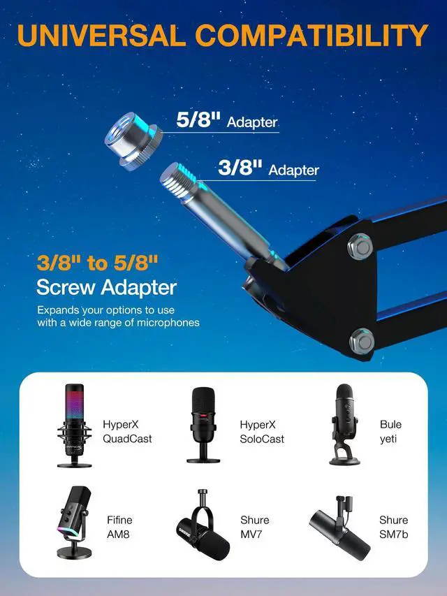 Alt view image 3 of 7 - QuadCast Boom Arm, Mic Arm for Blue Yeti HyperX QuadCast SoloCast Fifine AM8 and Most Microphone, Mic Stand Desk with 3/8" to 5/8" Adapter by