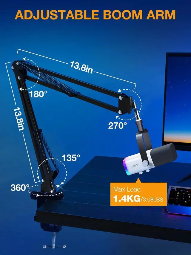 Alt view image 4 of 7 - QuadCast Boom Arm, Mic Arm for Blue Yeti HyperX QuadCast SoloCast Fifine AM8 and Most Microphone, Mic Stand Desk with 3/8" to 5/8" Adapter by