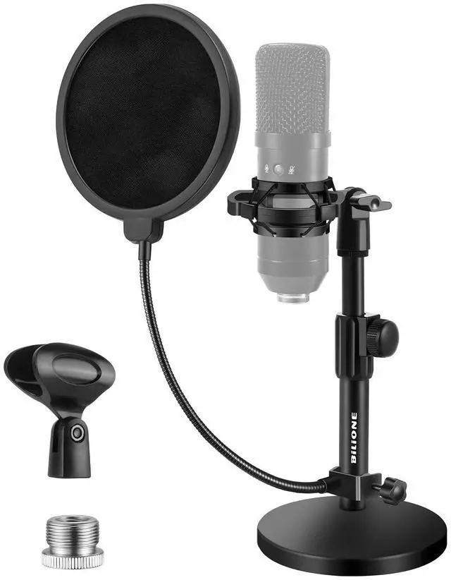 Main image of Multifunctional Desktop Microphone Stand, Adjustable Mic Stand Desk with Pop Filter, Shock Mount, Microphone Clip, 5/8" to 3/8" Metal Screw Adapter