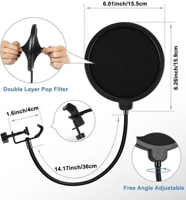 Alt view image 4 of 7 - Multifunctional Desktop Microphone Stand, Adjustable Mic Stand Desk with Pop Filter, Shock Mount, Microphone Clip, 5/8" to 3/8" Metal Screw Adapter