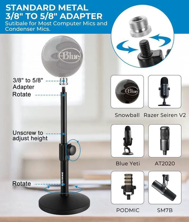 Alt view image 6 of 7 - Multifunctional Desktop Microphone Stand, Adjustable Mic Stand Desk with Pop Filter, Shock Mount, Microphone Clip, 5/8" to 3/8" Metal Screw Adapter