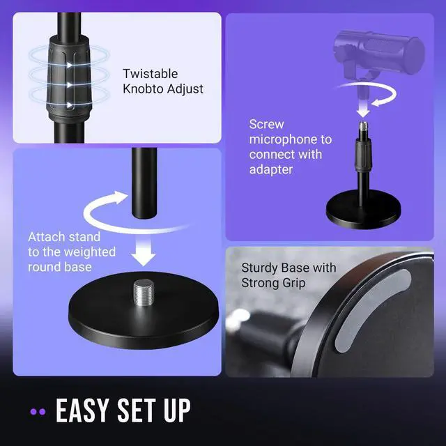 Alt view image 6 of 7 - Desktop Microphone Stand, Heavy-Duty Metal Adjustable Table Mic Stand with 5/8" Male to 3/8" Female Screw Adapter, 4 Non-Slip Pads Compatible with Microphones for Recording, Streaming-BS1