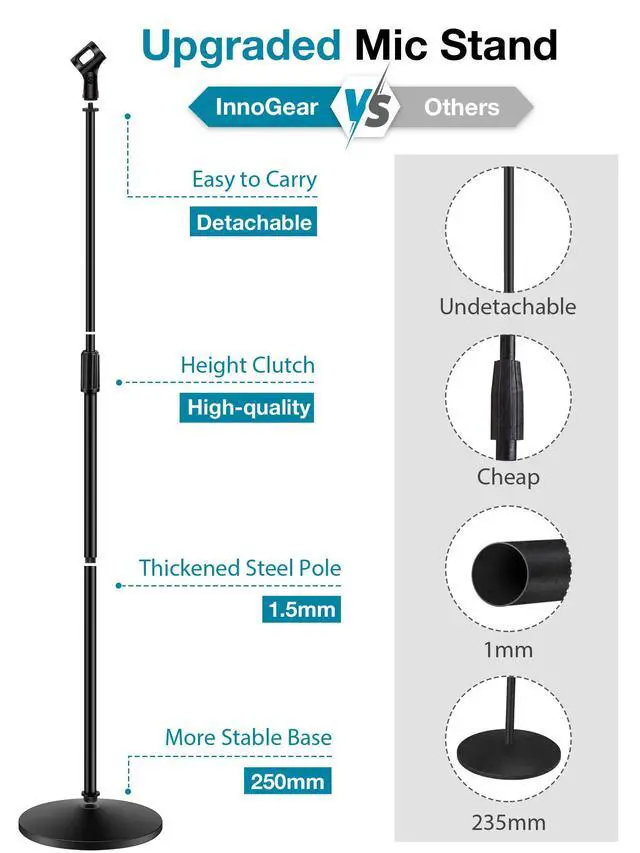 Alt view image 2 of 7 - Mic Stand, Microphone Stand Floor Detachable Boom Mic Arm Stands with Weighted Round Base, Height Adjustable from 34" to 60" for Blue Yeti HyperX QuadCast Shure SM58 Samson Q2U Fifine K669B