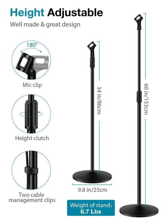 Alt view image 3 of 7 - Mic Stand, Microphone Stand Floor Detachable Boom Mic Arm Stands with Weighted Round Base, Height Adjustable from 34" to 60" for Blue Yeti HyperX QuadCast Shure SM58 Samson Q2U Fifine K669B