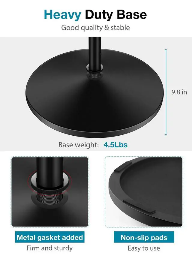 Alt view image 4 of 7 - Mic Stand, Microphone Stand Floor Detachable Boom Mic Arm Stands with Weighted Round Base, Height Adjustable from 34" to 60" for Blue Yeti HyperX QuadCast Shure SM58 Samson Q2U Fifine K669B