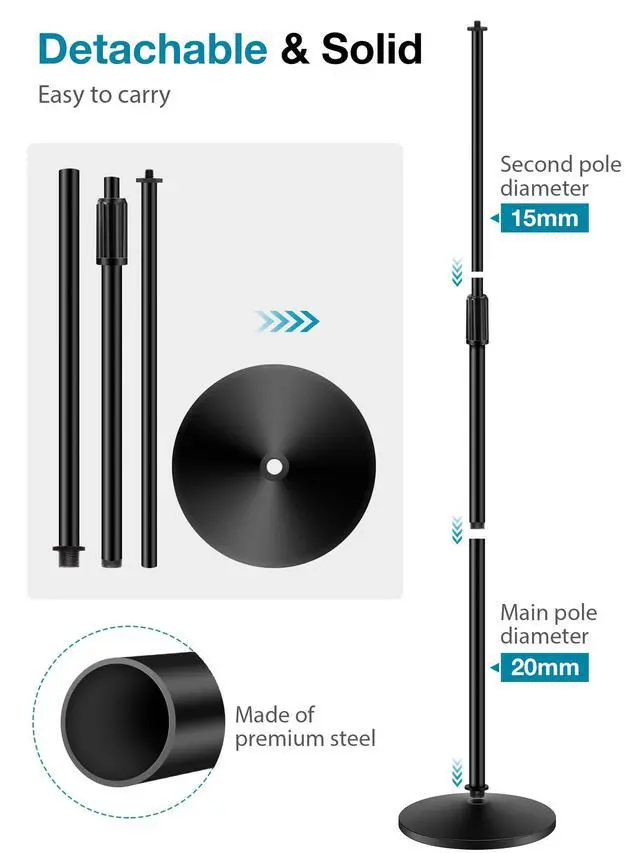 Alt view image 5 of 7 - Mic Stand, Microphone Stand Floor Detachable Boom Mic Arm Stands with Weighted Round Base, Height Adjustable from 34" to 60" for Blue Yeti HyperX QuadCast Shure SM58 Samson Q2U Fifine K669B