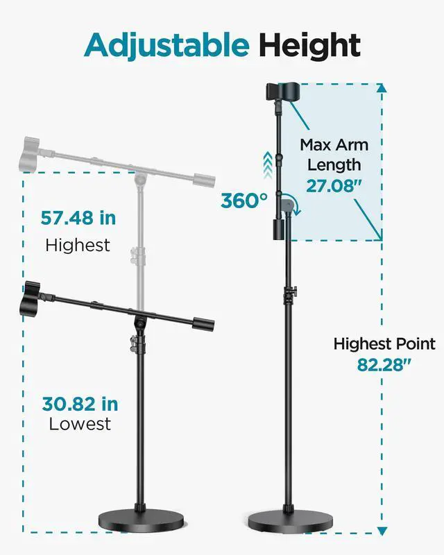 Alt view image 4 of 7 - Mic Stand, Max Height 82.28" Microphone Stand Floor Detachable Boom Mic Arm Stands with Weighted Base for Blue Yeti HyperX QuadCast Shure SM58 Samson Q2U Fifine K669B Singing Stage