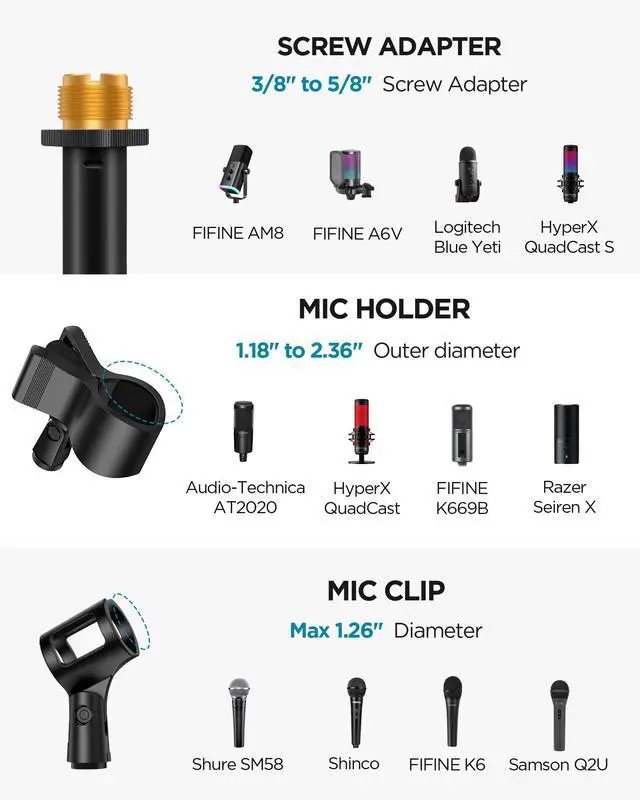 Alt view image 6 of 7 - Mic Stand, Max Height 82.28" Microphone Stand Floor Detachable Boom Mic Arm Stands with Weighted Base for Blue Yeti HyperX QuadCast Shure SM58 Samson Q2U Fifine K669B Singing Stage