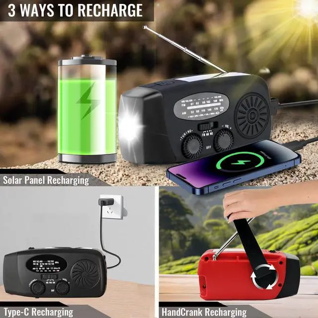 Alt view image 4 of 7 - Solar Emergency Hand Crank NOAA Weather Radio with AM/FM, 2000mAh USB Phone Charger & 3 LED Flashlight, SOS Alarm for Camping, Power Outage Survival Gear