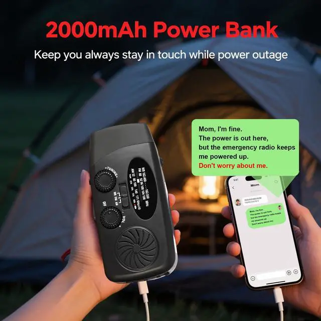 Alt view image 3 of 7 - Solar Emergency Hand Crank NOAA Weather Radio with AM/FM, 2000mAh USB Phone Charger & 3 LED Flashlight, SOS Alarm for Camping, Power Outage Survival Gear