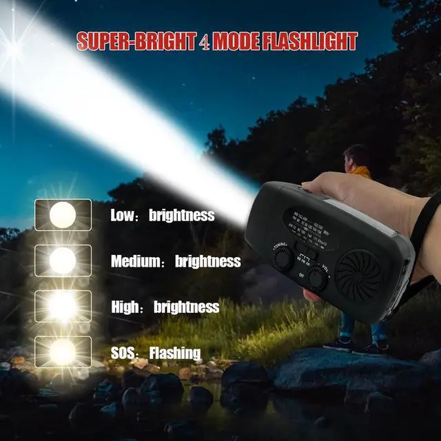 Alt view image 5 of 7 - Solar Emergency Hand Crank NOAA Weather Radio with AM/FM, 2000mAh USB Phone Charger & 3 LED Flashlight, SOS Alarm for Camping, Power Outage Survival Gear