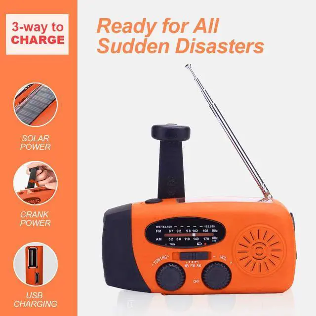Alt view image 3 of 7 - 2000mAh Emergency Weather Radio, AM FM NOAA WB Hand Crank Solar Radio with LED Flashlight & SOS Alarm, Portable Rechargeable Survival Radio for Hurricane Earthquake Home Outdoor Emergency