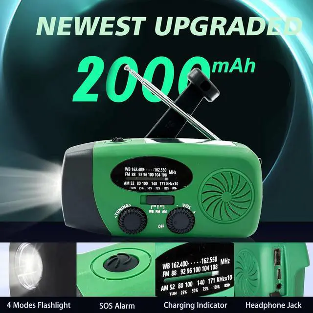 Alt view image 3 of 6 - Emergency Hand Crank Radio with LED Flashlight for Emergency, AM/FM NOAA Portable Weather Radio with 2000mAh Phone Charger, USB Charged & Solar Power for Camping, Emergency (Army Green)