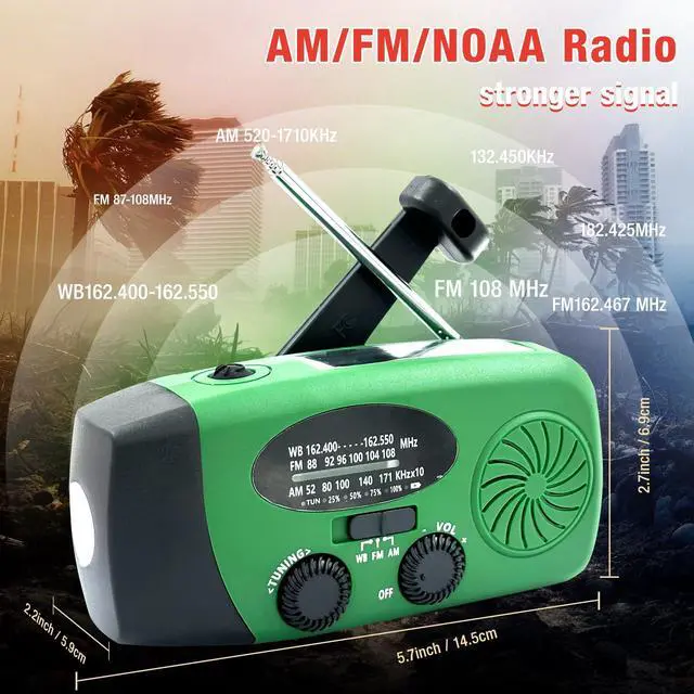 Alt view image 6 of 6 - Emergency Hand Crank Radio with LED Flashlight for Emergency, AM/FM NOAA Portable Weather Radio with 2000mAh Phone Charger, USB Charged & Solar Power for Camping, Emergency (Army Green)