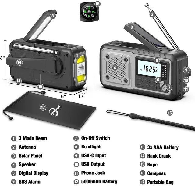 Alt view image 3 of 7 - Emergency Weather Radio 5000mAh with Solar Hand Crank, Men Dad Husband Cool Gadgets, NOAA AM FM Portable Battery Power Weather Alert Radios with Flashlight, Perfet Gifts for Home Outdoor Office