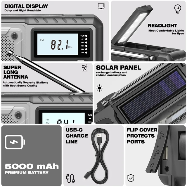 Alt view image 6 of 7 - Emergency Weather Radio 5000mAh with Solar Hand Crank, Men Dad Husband Cool Gadgets, NOAA AM FM Portable Battery Power Weather Alert Radios with Flashlight, Perfet Gifts for Home Outdoor Office