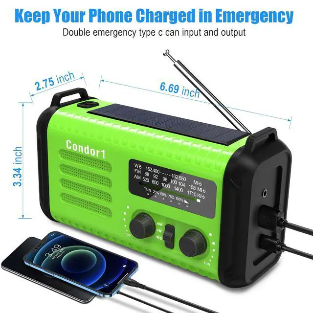 Alt view image 4 of 7 - AM FM NOAA Portable Emergency RadioUSB-C/Solar/Hand Crank Charging, Strong Reception & Sound, Large Dial Easy to Use,Alert, Flashlight, Reading Lamp, Cell Phone Charger and SOS Siren