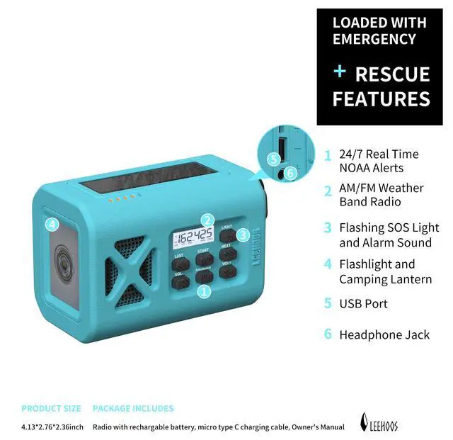 Alt view image 4 of 5 - 2025 Newest Emergency Crank Weather Radio, NOAA/AM/FM Portable Solar Radio, USB Charged, Battery Powered, Hand Crank, SOS Alarm, Flashlight (Sky Blue)