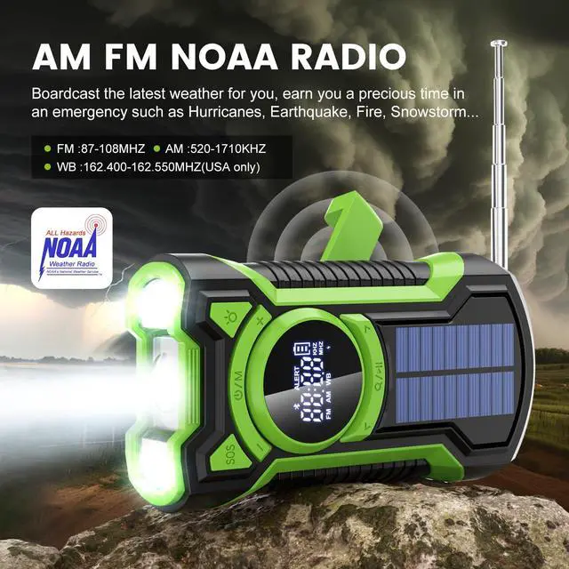 Alt view image 2 of 7 - IPX5 Waterproof Emergency Weather Radio, Bluetooth Portable AM/FM/NOAA Hand Crank Radio Solar Charging, with Flashlight and 5000mAh Cell Phone Charger, USB or Battery Powered Radio with SOS Alarm