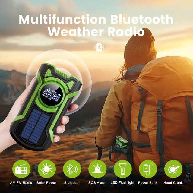 Alt view image 6 of 7 - IPX5 Waterproof Emergency Weather Radio, Bluetooth Portable AM/FM/NOAA Hand Crank Radio Solar Charging, with Flashlight and 5000mAh Cell Phone Charger, USB or Battery Powered Radio with SOS Alarm