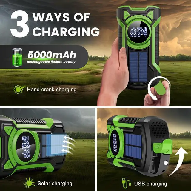 Alt view image 3 of 7 - IPX5 Waterproof Emergency Weather Radio, Bluetooth Portable AM/FM/NOAA Hand Crank Radio Solar Charging, with Flashlight and 5000mAh Cell Phone Charger, USB or Battery Powered Radio with SOS Alarm