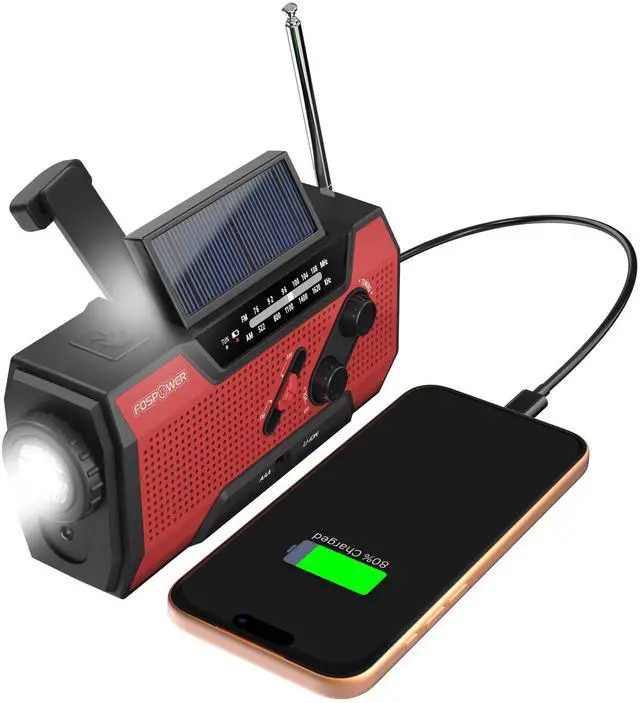Main image of NOAA Emergency Weather Radio A1 7400mWh Portable Power Bank, AM/FM, USB/Solar/Hand Crank Charging, Battery Operated, SOS Alarm & Flashlight for Indoor/Outdoor Emergency - Red