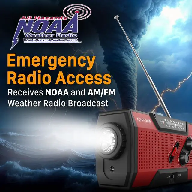 Alt view image 2 of 7 - NOAA Emergency Weather Radio A1 7400mWh Portable Power Bank, AM/FM, USB/Solar/Hand Crank Charging, Battery Operated, SOS Alarm & Flashlight for Indoor/Outdoor Emergency - Red