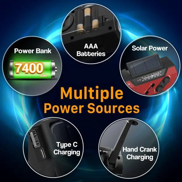 Alt view image 6 of 7 - NOAA Emergency Weather Radio A1 7400mWh Portable Power Bank, AM/FM, USB/Solar/Hand Crank Charging, Battery Operated, SOS Alarm & Flashlight for Indoor/Outdoor Emergency - Red