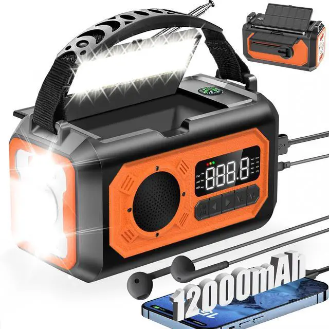Main image of 44400mWh/12000mAh Emergency Weather Radio, Hand Crank Radio Solar Radio Portable AM/FM/NOAA Radio with 2 Solar Panels 3 Charging Methods SOS Alarm 3 Mode Flashlight Phone Charger Compass Reading Lamp