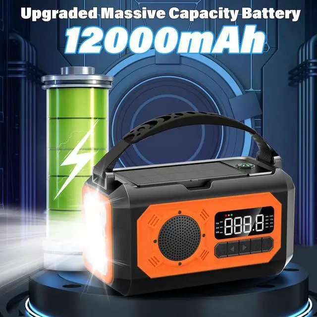 Alt view image 3 of 6 - 44400mWh/12000mAh Emergency Weather Radio, Hand Crank Radio Solar Radio Portable AM/FM/NOAA Radio with 2 Solar Panels 3 Charging Methods SOS Alarm 3 Mode Flashlight Phone Charger Compass Reading Lamp
