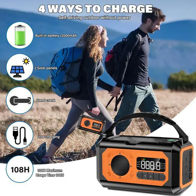 Alt view image 4 of 6 - 44400mWh/12000mAh Emergency Weather Radio, Hand Crank Radio Solar Radio Portable AM/FM/NOAA Radio with 2 Solar Panels 3 Charging Methods SOS Alarm 3 Mode Flashlight Phone Charger Compass Reading Lamp