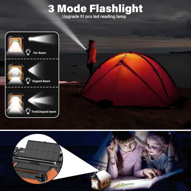 Alt view image 5 of 6 - 44400mWh/12000mAh Emergency Weather Radio, Hand Crank Radio Solar Radio Portable AM/FM/NOAA Radio with 2 Solar Panels 3 Charging Methods SOS Alarm 3 Mode Flashlight Phone Charger Compass Reading Lamp