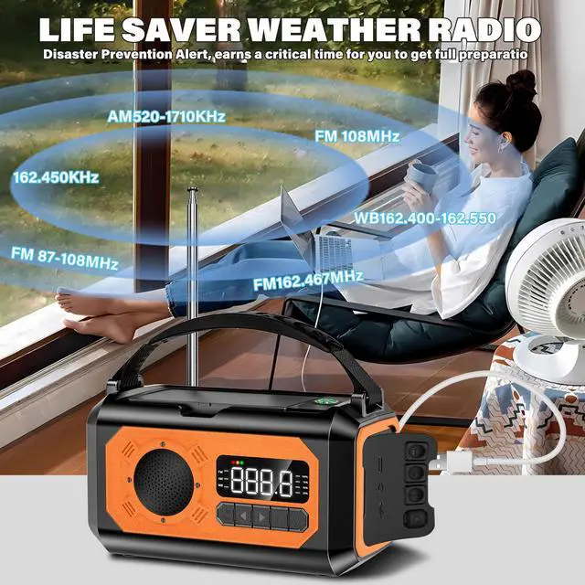 Alt view image 6 of 6 - 44400mWh/12000mAh Emergency Weather Radio, Hand Crank Radio Solar Radio Portable AM/FM/NOAA Radio with 2 Solar Panels 3 Charging Methods SOS Alarm 3 Mode Flashlight Phone Charger Compass Reading Lamp